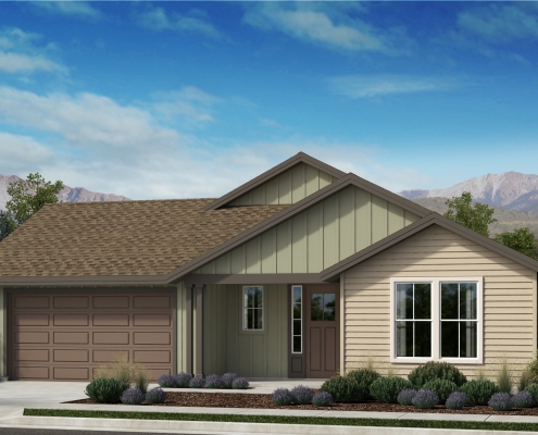 Green and beige Appaloosa Series 1 Plan exterior farmhouse style home.