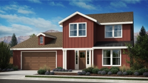 Artist rendering of exterior of a red Appaloosa Plan 4 home at Prescott Ranch in the farmhouse style.