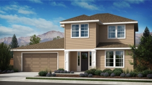 Artist rendering of a tan exterior of an Appaloosa Plan 4 home at Prescott Ranch in a traditional style.